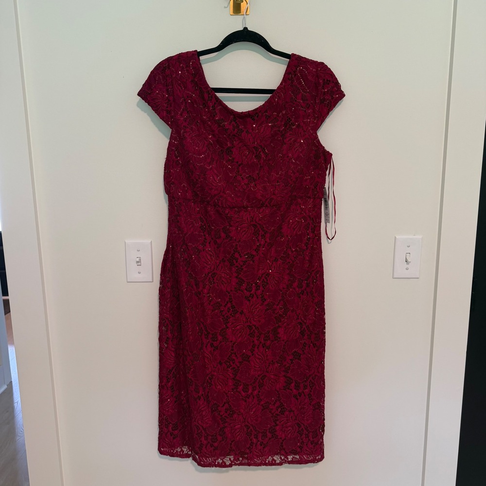 Dillards‎ Cranberry Sequin Floral Lace Cap Sleeve Sheath Dress 21659 Womens 14